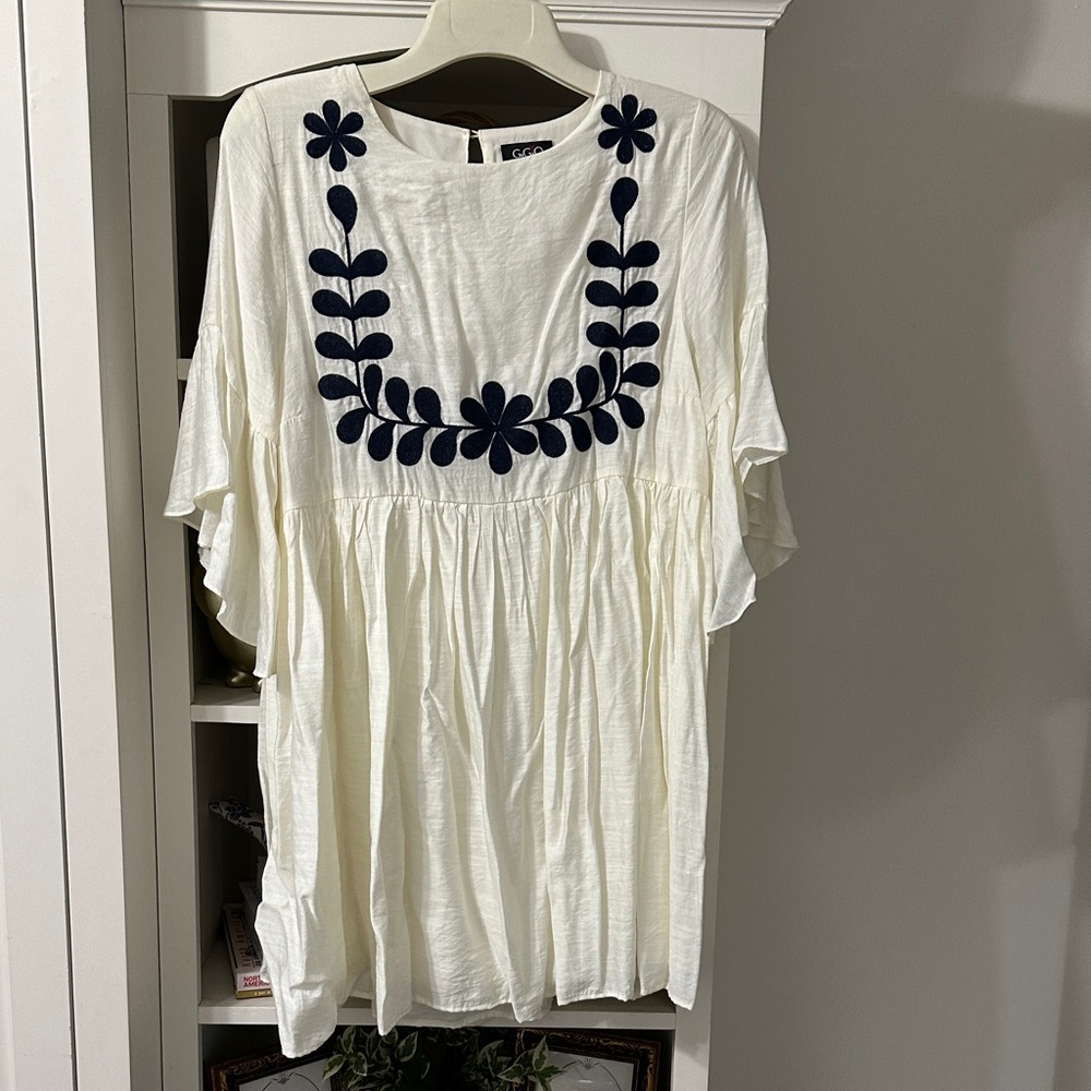 Chic White Dress with Navy Embroidery